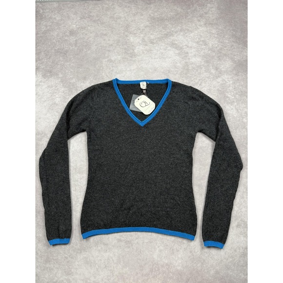 NWT Qi Cashmere Sweater Women Small Gray Blue Trim V Neck 100% Cashmere Pullover - Picture 9 of 16